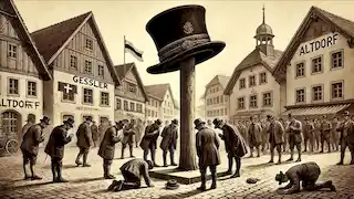 El sombrero del gobernador Hermann Gessler en un alto mástil en la plaza central de Altdorf.