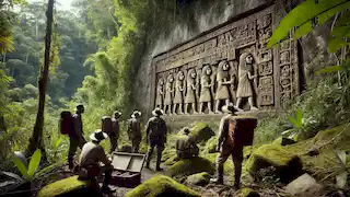 Antiguas tallas de piedra encontradas en un acantilado en lo profundo de la Amazonía, que representan figuras incas cargando tesoros.