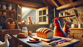 La pequeña gallina roja disfruta de su pan en la mesa, mientras el gato, el perro y el pato miran a través de la ventana.