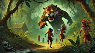 Tainá y los aldeanos huyen por la Amazonía mientras el jaguar guardián los persigue, guiados por el Curupira a través de senderos ocultos.