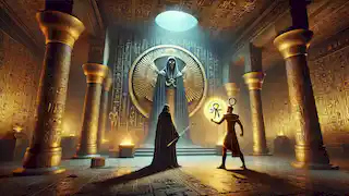 Ammon se enfrenta a un oscuro hechicero en una tumba antigua, sosteniendo un relicario ankh resplandeciente para sellar a Apofis.