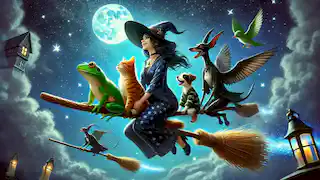 La bruja y sus amigos animales vuelan en una escoba brillante a través de un cielo estrellado.