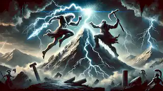Zeus und Kronos in ihrer finalen Schlacht auf dem Gipfel des Othrys, während Zeus seinen Blitz erhöht und Kronos vorwärts stürzt.