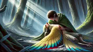 Kurangaituku yace herida en el suelo del bosque, mientras Tama se arrodilla a su lado, con lágrimas corriendo por su rostro.
