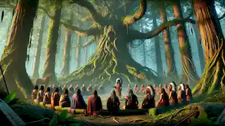 Los líderes tribales se reúnen bajo un árbol sagrado, discutiendo su plan para enfrentarse a la Gran Serpiente.