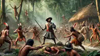 El campamento de Ponce de León es atacado por guerreros indígenas, con espadas y flechas chocando en la densa jungla.