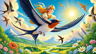 Pulgarcita viaja en la espalda de una golondrina, volando alto sobre un paisaje pintoresco.