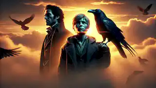 Edgar, Alaric y el cuervo están juntos al amanecer, la primera luz del día asomándose entre las nubes.