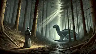 Santa Marta se encuentra con la Tarasca en un oscuro bosque, donde la luz se filtra entre los árboles, creando una atmósfera tensa.