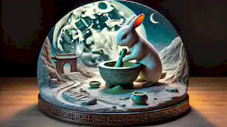 Le Lapin de Jade broie des herbes avec son mortier et son pilon sur la surface de la lune, brillant doucement sous la lumière lunaire.