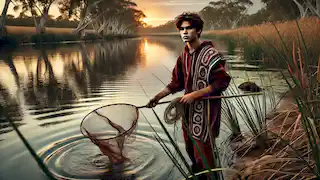 Joven pescador ngarrindjeri lanzando una red al río Murray, con ondas que sugieren peligro.