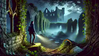 Eleanor explora as ruínas nebulosas do Castelo de Dunleary com uma lanterna, cercada por muros em ruínas cobertos de hera.