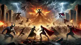 Les conséquences du Ragnarok, avec des statues de Valkyries se dressant au milieu des ruines d'Asgard, baignées dans une lumière dorée.