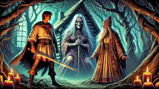 El príncipe Iván y Vasilisa se enfrentan a Baba Yaga en su oscura morada.