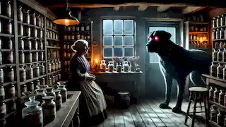 Martha miraba con terror desde la ventana de su botica mientras el Perro Negro la observaba desde las sombras.