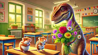 Penélope ofrece un ramo de flores para disculparse con sus compañeros en un ambiente cálido del aula.