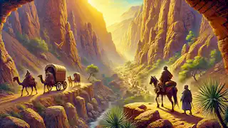 Arash y Soraya viajan a través de las montañas Zagros con una caravana bajo la luz dorada del sol.