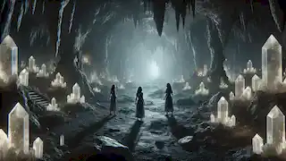 Las tres hermanas exploran las vastas Cuevas del Eco, donde los reflejos de cristal y las sombras insinúan sus temores y su determinación.