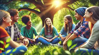 Una chica y sus amigos se sientan juntos bajo un árbol, compartiendo risas y apoyo.