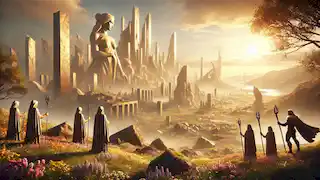 Des statues des Valkyries se dressent fièrement dans les ruines d'Asgard, baignées de lumière dorée, symbolisant la paix et la renaissance.