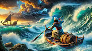 Khem lucha por navegar su barco a través de una violenta tormenta en el río Nilo, enfrentándose a las poderosas olas.