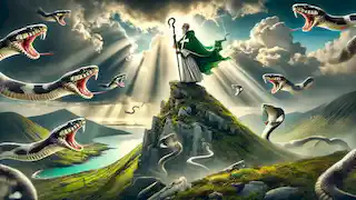 San Patricio se erige sobre Croagh Patrick, ahuyentando serpientes hacia el mar con luz divina que penetra entre los cielos tormentosos.