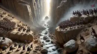 Athenas Armee stellt die Truppen von Perikles am Skironpass eine Falle, während im Kampf Steine von den Klippen herabrollen.