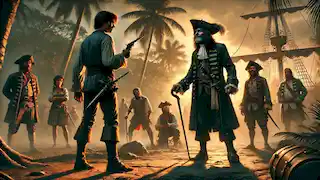 Jim Hawkins se erige desafiante, sosteniendo una pistola mientras se enfrenta a Long John Silver en una tensa confrontación final.