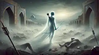 La figura espectral de Mehrdad, un arquero solitario, camina por un campo de batalla envuelto en niebla, con Isfahan al fondo.