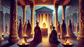 Ein leuchtender Stein in einem persischen Tempel, umgeben von Figuren in zoroastrischen Gewändern, die das heilige Objekt verehren.