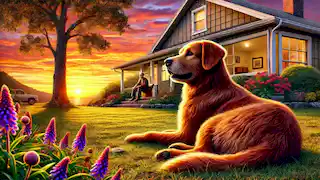 Max se encuentra tumbado pacíficamente en su jardín al atardecer, mientras el señor Thompson lo observa con satisfacción desde la puerta de su casa.