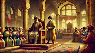 El rey Shahrokh anuncia a Arash como su asesor de confianza en el gran palacio persa.