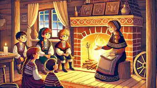 Vasilisa enseñando a sus hijos sobre el valor y la bondad junto a un acogedor hogar.