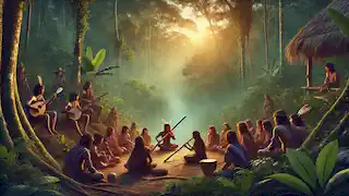 Los aldeanos tocan la sagrada flauta Jurupari al atardecer, conectándose con la naturaleza bajo el ocaso amazónico.