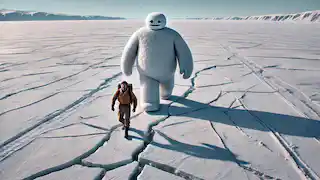 Awan und der Schneemann überqueren einen gefrorenen See, während sich Risse unter ihren Füßen bilden.
