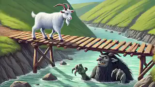 El cabrito Mediano Gruff se encuentra firme en el puente, frente al amenazante troll que ha salido por completo.