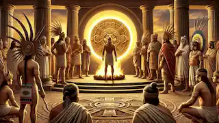 Nanahuatzin, el dios humilde, se acerca a un fuego sagrado para convertirse en el Quinto Sol.