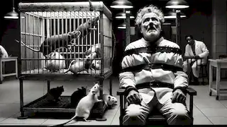 Winston estaba atado a una silla, mirando una jaula llena de ratas hambrientas, con una expresión de terror mientras intentaba alejarse.