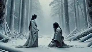 Sato se arrodilla frente a Yuki-onna en medio de una feroz ventisca en las montañas de Japón.