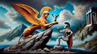 La Esfinge, posada en el monte Ficio, con las alas extendidas, observa a Edipo mientras este enfrenta audazmente su enigma.