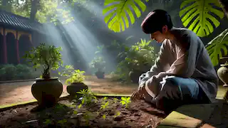 Ping entdeckt eine kleine Pflanze, die in einer vernachlässigten Ecke des Palastgartens wächst. Sie symbolisiert Hoffnung und Geduld.