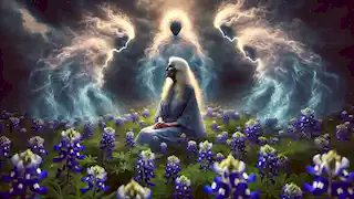 La anciana Ella-Quien-Está-Sola se sienta entre los azules bonetes en flor, fusionándose con las flores mientras aparecen espíritus en el cielo.