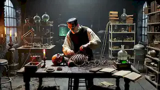 Víctor Frankenstein destruye la segunda criatura inacabada en su laboratorio, lleno de equipo científico.
