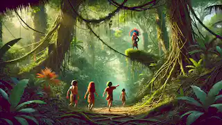 Jóvenes aldeanos, liderados por Tainá, avanzan con cautela a través de la densa selva amazónica, acercándose al lejano Curupira.