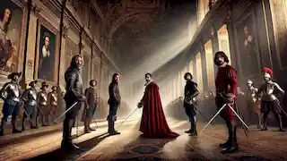 D'Artagnan, Athos, Porthos y Aramis se enfrentan al Cardenal Richelieu en un gran salón, listos para la batalla.