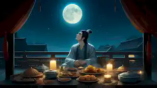 Hou Yi contempla la luna llena desde su hogar, con ofrendas de los alimentos favoritos de Chang'e dispuestos sobre una mesa.
