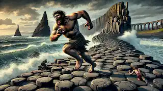 Benandonner corriendo por la Calzada de los Gigantes en dirección a Escocia, desgarrando las piedras en pánico mientras huye de Finn MacCool.