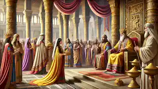 La Reina de Saba visita al Rey Salomón, ofreciendo regalos de oro y especias en su grandiosa corte de Jerusalén.