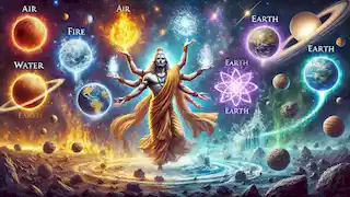 Brahma creando los elementos de aire, fuego, agua, tierra y éter, brillando en esferas de energía.