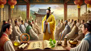 O Imperador Amarelo ensina aos estudiosos e artesãos sobre a medicina e a tecnologia da antiga China.